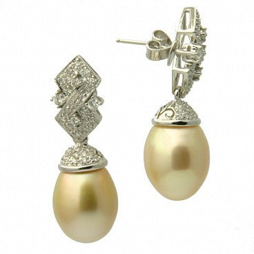 Amber Diamond 18K Golden South Sea Pearl Earrings